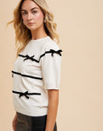 Annie Wear Striped Bow Round Neck Knit Top