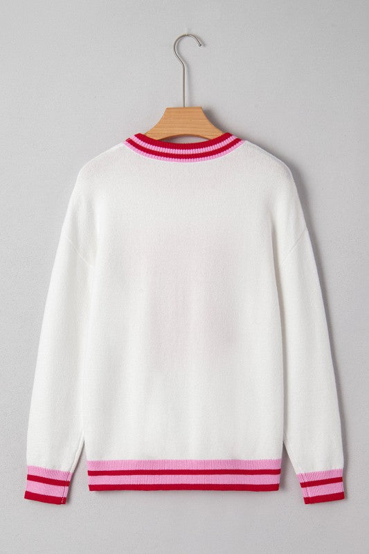 Christmas Stripe Trim Bow Crewneck Sweater