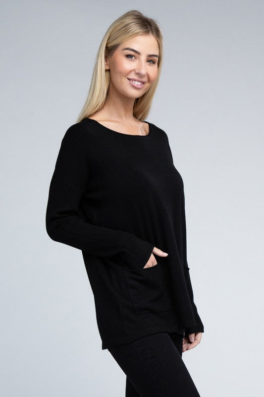 Zenana Viscose Front Pockets Sweater