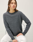 Be Cool Striped Trim Round Neck Long Sleeve Sweater