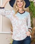 Celeste Full Size Leaf Print Contrast Trim Balloon Sleeve Top