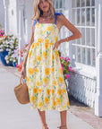 Floral Denim Tie Strap High Waist Maxi Dress