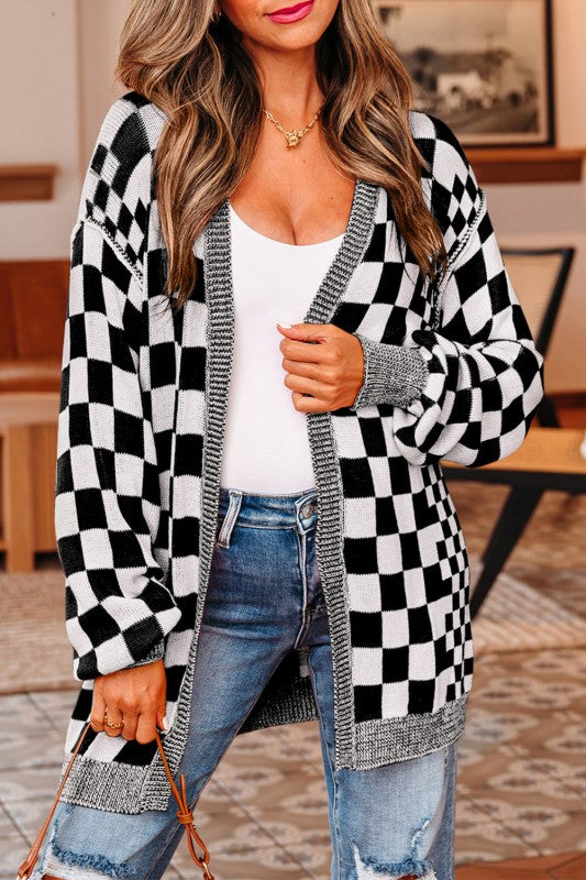 Checker Open Front Drop Shoulder Cardigan