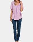 Zenana Washed Linen Raw Hem V-Neck Shirt - Black Lavender - M