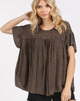 Mittoshop Mineral Washed Round Neck Ruffle Sleeve Blouse