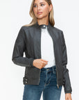 Snobbish Faux Leather Biker Jacket with Side Zip Pockets