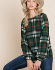 BOMBOM Curved Hem Plaid Round Neck Long Sleeve Top