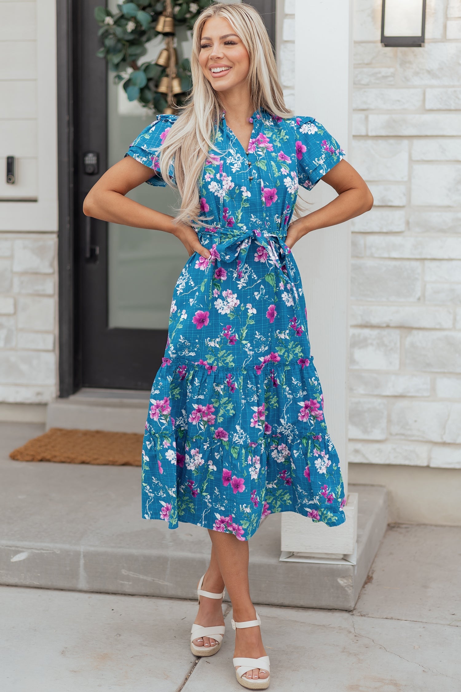 Floral Flutter Sleeve Tie Neck Belted Midi Dress