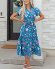 Floral Flutter Sleeve Tie Neck Belted Midi Dress