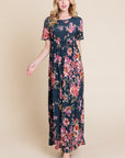 BOMBOM Floral Short Sleeve Maxi Dress