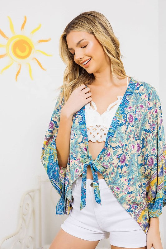 Light Woven Squared Open Kimono with Tie