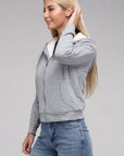 Fuzzy Trim Zip-Up Crop Hoodie