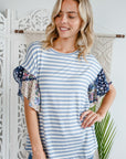 e Luna Striped Woven Floral Ruffle Top