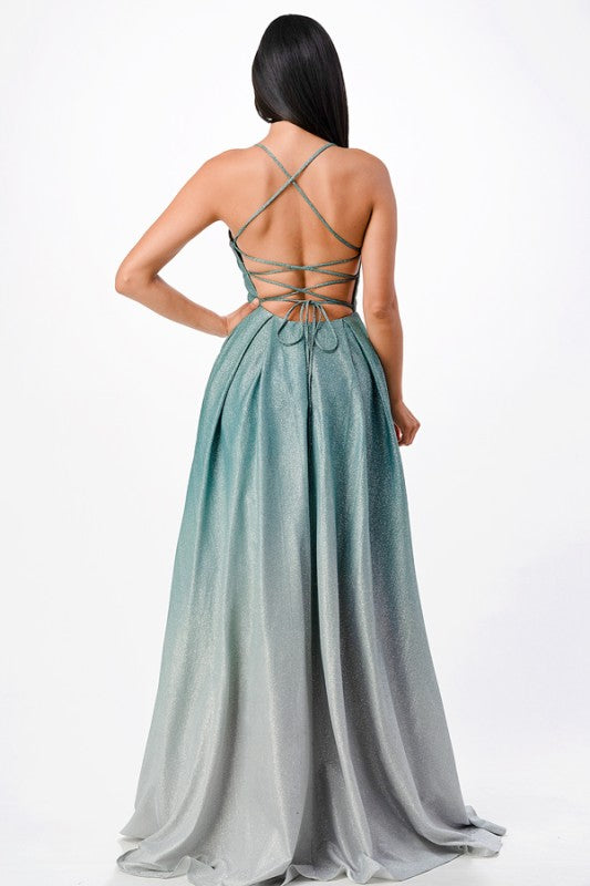 La Scala Back Lace Up Glitter Ombre Gown