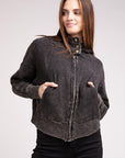 Zenana Acid Wash Cotton Waffle Hooded Zip-Up Jacket