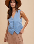 Annie Wear Button Down V-Neck Denim Vest