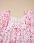 Floral Bow-Back Square Neck Ruffle Sleeve Blouse