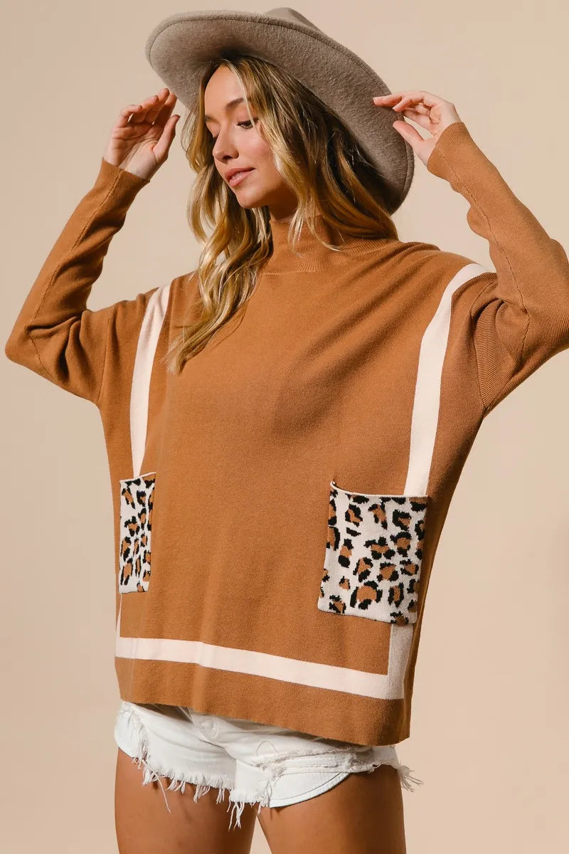 BiBi Mock Neck Sweater with Leopard Pocket