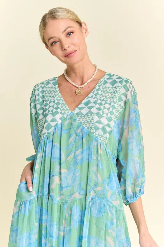 Davi & Dani Geo and Floral Print Mixed Tiered Dress in Mint