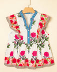 Floral Tie-Neck Stripe Detail Flutter Sleeve Blouse