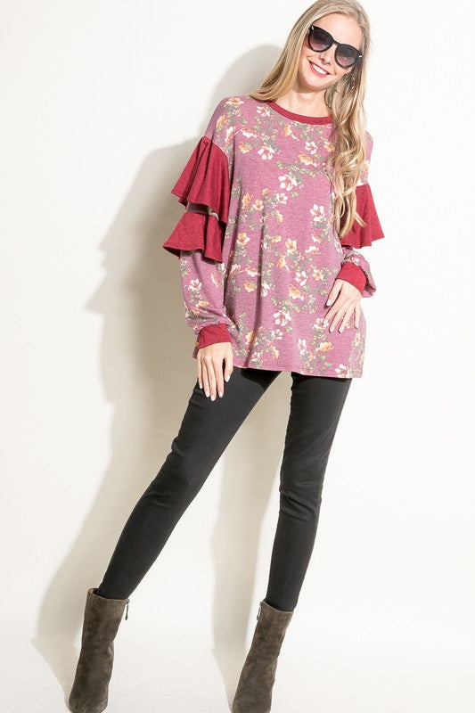 e Luna Floral Mixed Long Sleeve Ruffle Top