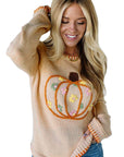 Pumpkin Floral Embroidered Round Neck Sweater