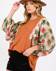 SAGE + FIG Full Size Printed Balloon Sleeve Contrast Top