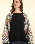 VERY J Printed Long Sleeve Round Neck Knit Top