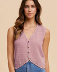 Annie Wear Crochet Trim Button Down Sweater Vest