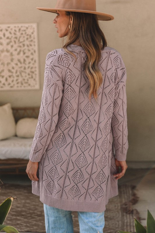Solid Openwork Knit Button-Up Cardigan