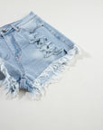 Distressed Denim Raw Hem High Waist Shorts