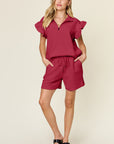 Double Take Full Size Texture Flounce Sleeve Top and Drawstring Shorts Set