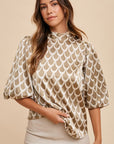 Annie Wear Tie Back Abstract Print Mock Neck Half Sleeve Blouse