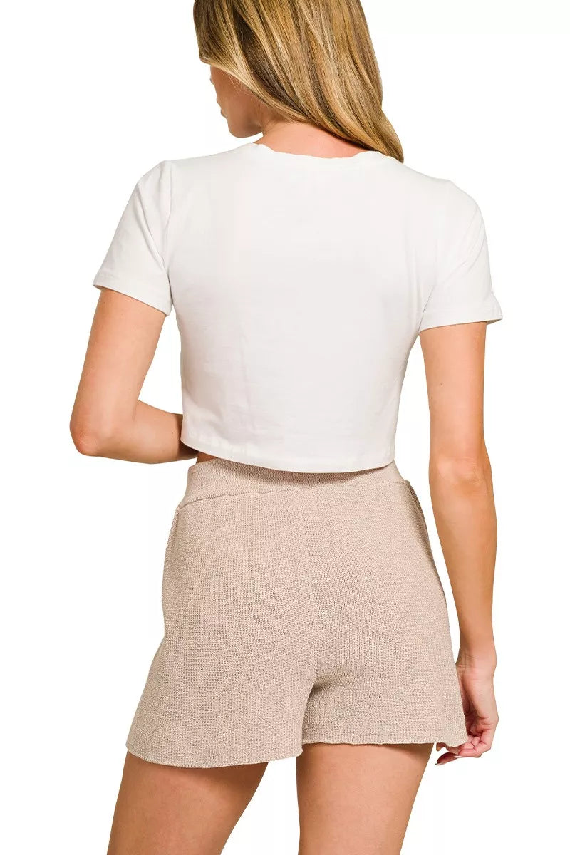 Zenana Round Neck Knit Top and Shorts Sweater Set in Sand