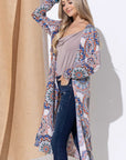 And The Why Printed Kimono Open Front Longline Cardigan