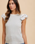 Annie Wear Ruffled Striped Round Neck Cap Sleeve Knit Top