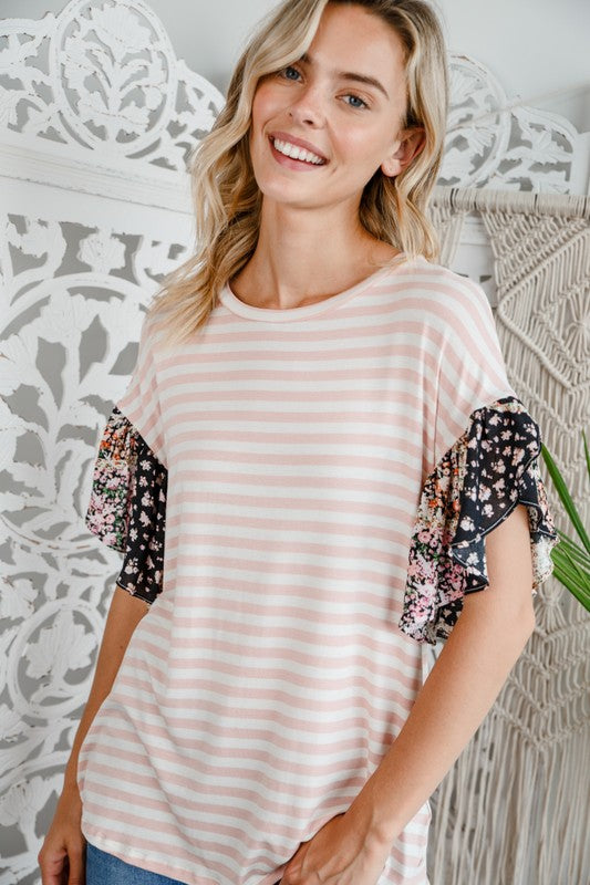 e Luna Striped Woven Floral Ruffle Top