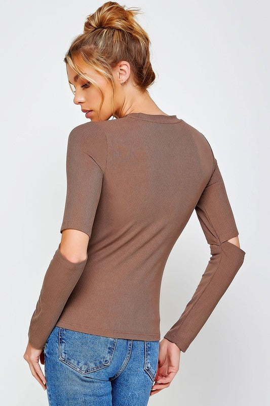 Ribbed Fitted Long Sleeve Top with Chest Cutout