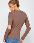 Ribbed Fitted Long Sleeve Top with Chest Cutout