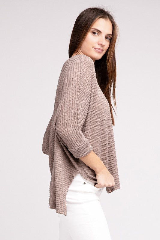 Zenana 3/4 Sleeve V-Neck Hi-Low Hem Jacquard Sweater