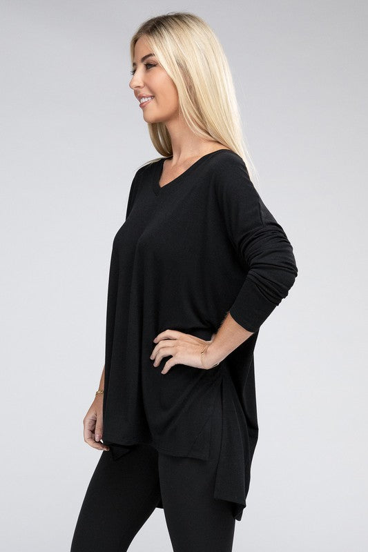 Zenana Dolman Long Sleeve V-Neck Side Slit Hi-Low Hem Top