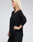 Zenana Dolman Long Sleeve V-Neck Side Slit Hi-Low Hem Top