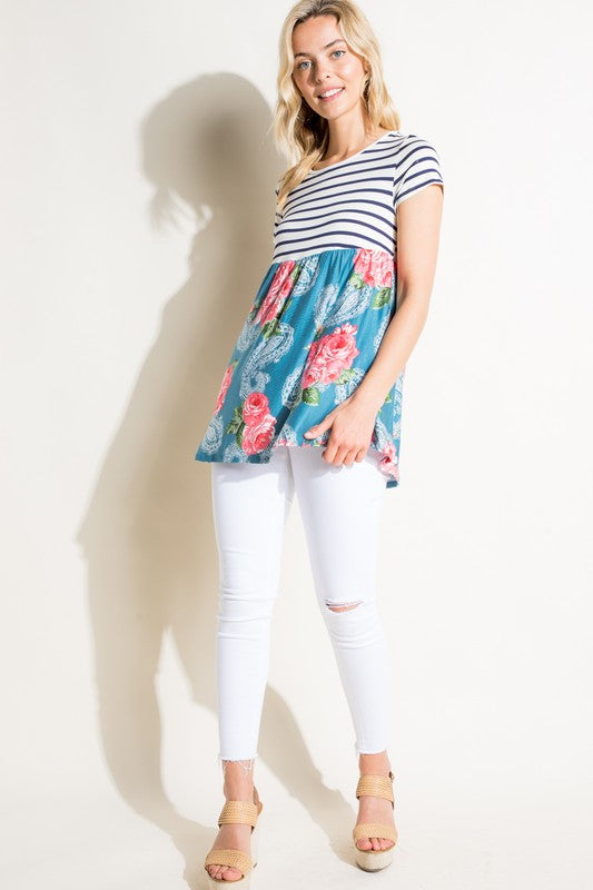 e Luna Striped Floral Print Mixed Top