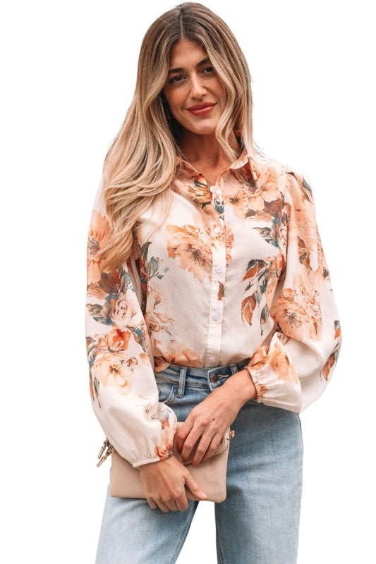 Floral Puff Sleeve Collared Shirt