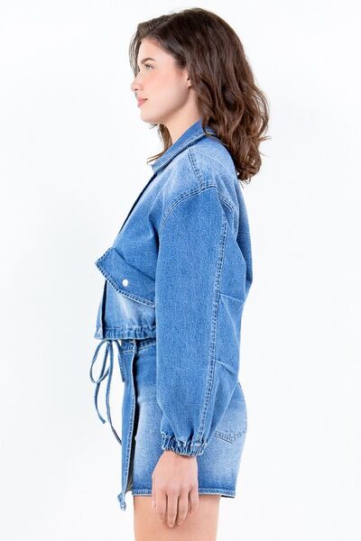 American Bazi Full Size Drop Shoulder Cropped Denim Jacket with Waist Strap Plus Size