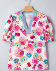 Floral Stripe Trim V-Neck Puff Sleeve Blouse