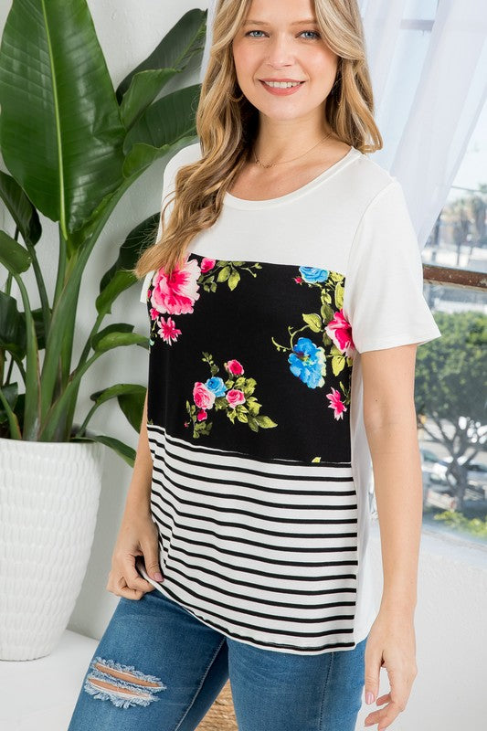 e Luna Floral Striped Mixed Top