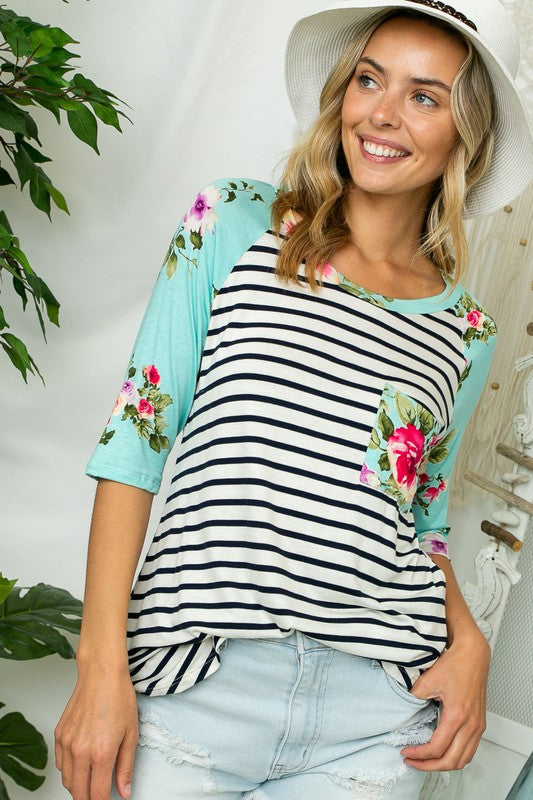 e Luna PLUS Striped Floral Print Top