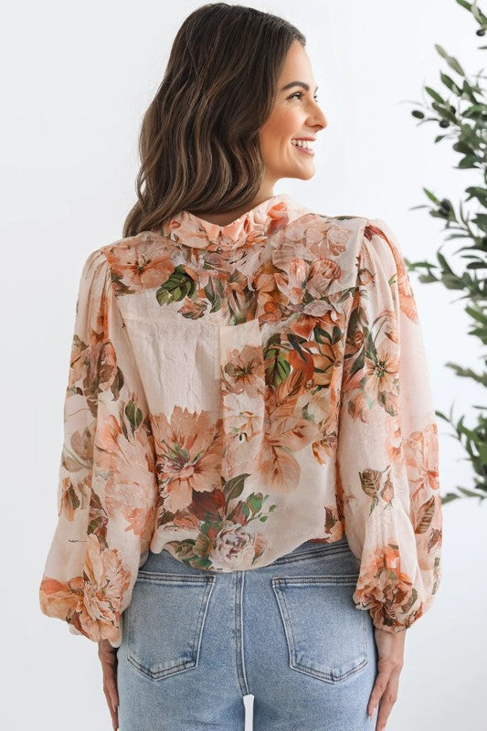 Floral Puff Sleeve Collared Shirt