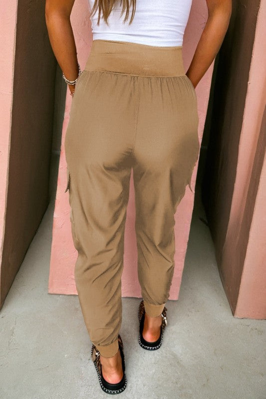 Solid Elastic High Waist Pocketed Cargo Jogger Pan